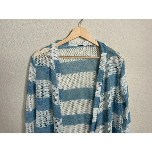 Retro Threads Open Knit Cardigan Size medium blue white striped crochet Boho - Picture 5 of 9